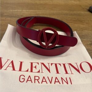 Valentino Red Leather Belt with Gold Logo Detail